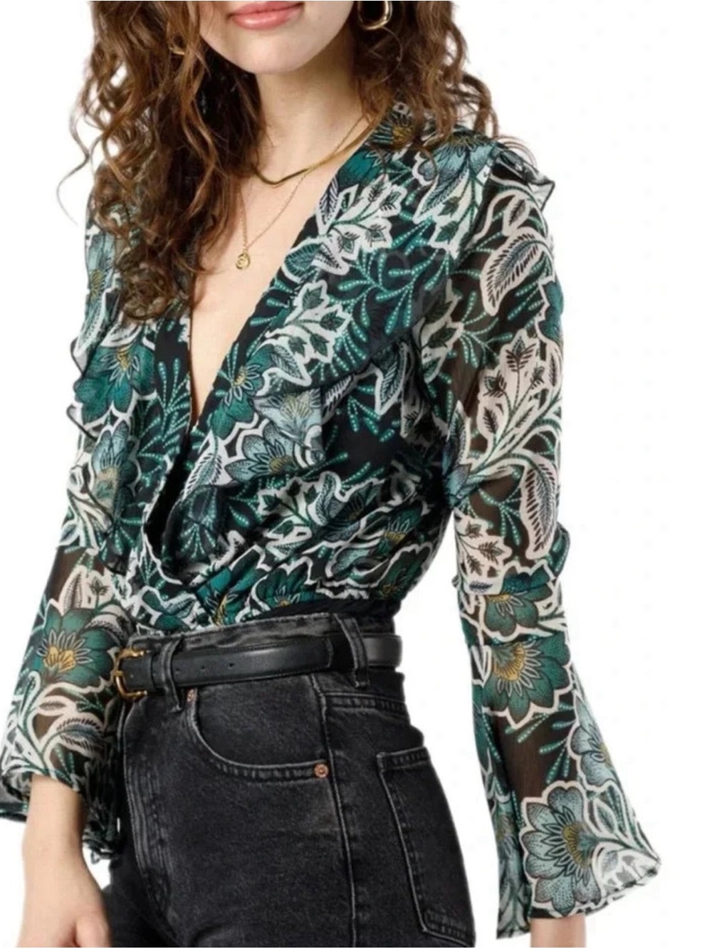 NWT Band of the Free Small Floral Bell Sleeve Bodysuit Boho Surplice V Neck Top